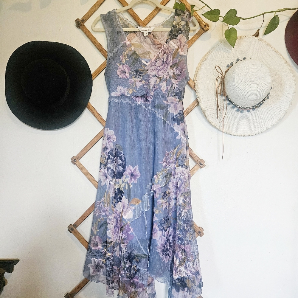 Vintage 90s Coldwater Creek Asymmetrical Chiffon Floral Dress - Blue and Purple